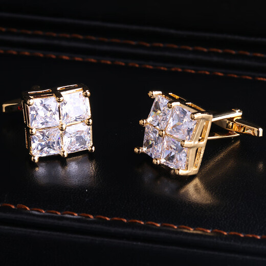 Lieshang men's French shirt cufflinks, formal suit shirt, long-sleeved double-layer folding cuff buttons, gold white crystal, gold four-square white crystal cufflinks