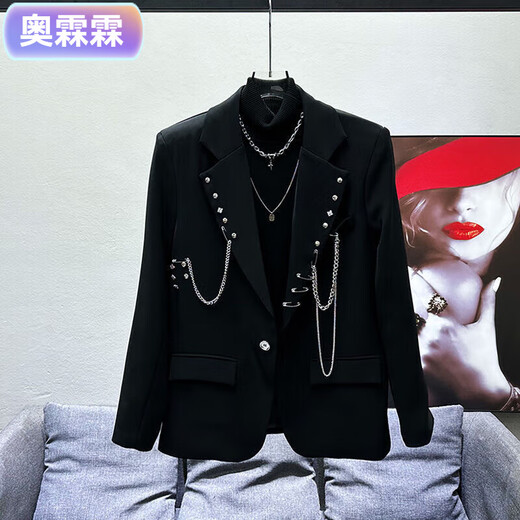 Aolinlin niche design chain black suit jacket men's ins trendy brand handsome street Korean style trendy casual top black M