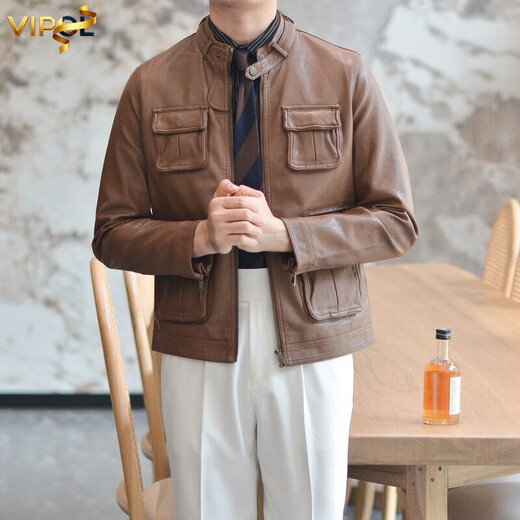 VIPOL Autumn and Winter New British Retro Hunting Stand Collar PU Leather Jacket Men's Korean Style Light Luxury Slim Workwear Leather Jacket Black XL