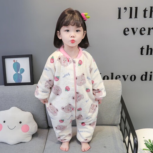 Langsha children's one-piece pajamas coral velvet baby girl autumn and winter plus velvet thickened flannel crawler cartoon baby sleeping bag pink double layer plus velvet thickened room temperature 0-10 degrees M 80cm recommended for 0-1 years old