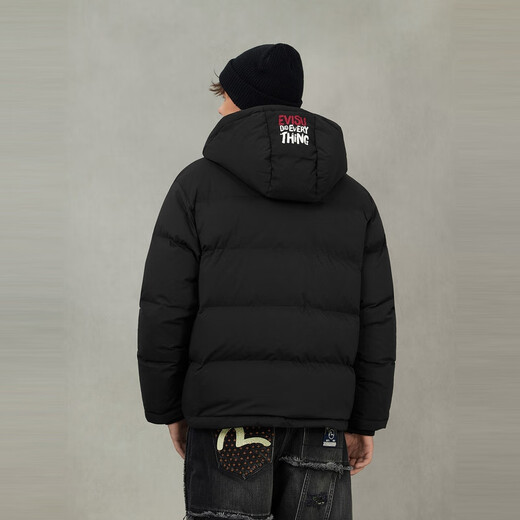 EVISU Fushen 2025 Autumn Seagull and Slogan Hooded Printed Down Jacket Men's Black S