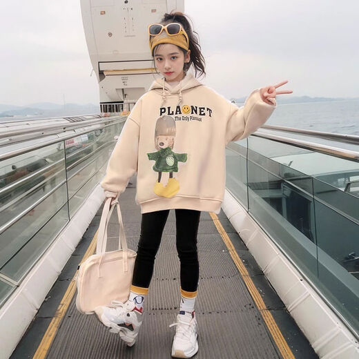 Girls sweatshirt spring and autumn 2024 new style for children, girls, big children, autumn and winter velvet tops, fashionable children's clothing for girls, Korean version, off-white spring and autumn style, 110, 120 sizes, recommended around 110CM, this size does not come with a hood string