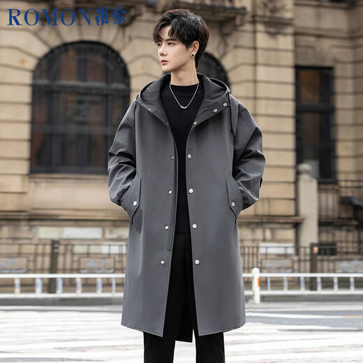 ROMON Men's Windbreaker Mid-Length Contrast Color Windbreaker Men's Hooded Coat Business Top Loose Over-the-Knee Jacket Black XL