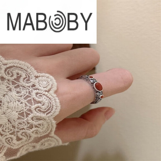 MABOBY Southern Red Ring Zodiac Year Ring Mongolian Element Turquoise Jewelry Ethnic Style Retro Made Mongolian Element Red Ring