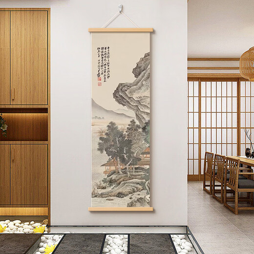 
New Chinese style mountain light water color porch decoration painting tea room background wall hanging painting calligraphy landscape painting Zen vertical mural 15904 mountain light water color E width 20CM * height 60CM log color (pine wood hanging scroll) + hemp rope 1