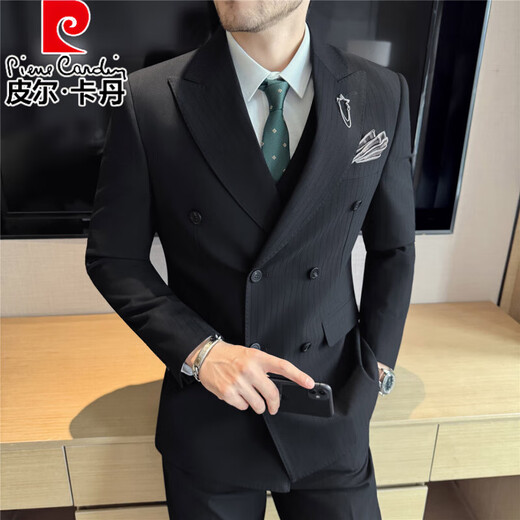 Pierre Cardin 2025 Autumn Striped British Style Double-Breasted Suit Men's Suit Wedding Groom Dress Business Casual Formal Medium Gray L