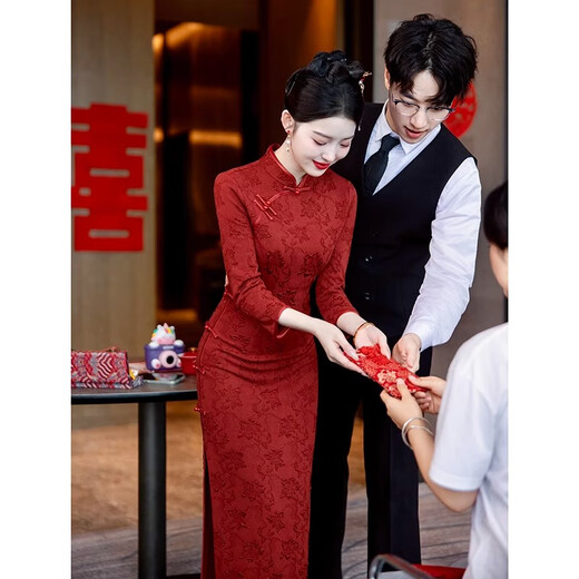 Pierre Cardin New Chinese Style Red Wedding Cheongsam Toast Wear 2025 New Bride Long Engagement Party Slim Dress Burgundy S