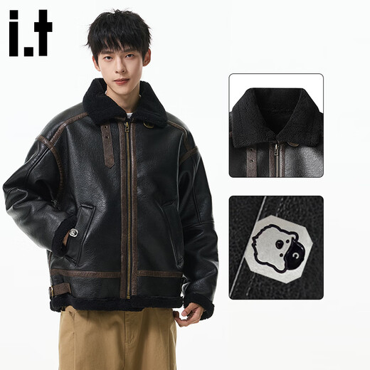 CHOCOOLATEit sherpa spliced leather jacket men's winter velvet thickened warm cotton jacket black velvet L