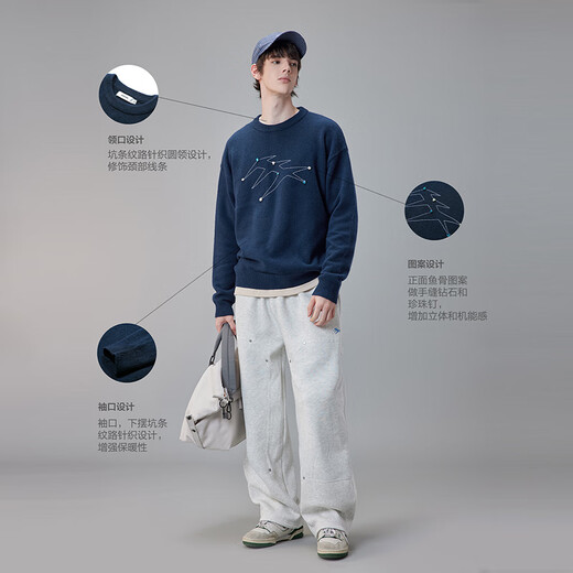 GUUKA TECH outdoor light luxury hand-stitched diamond warm off-shoulder sweater for men, including wool sheep shear pullover white sweater for women, dark blue XL