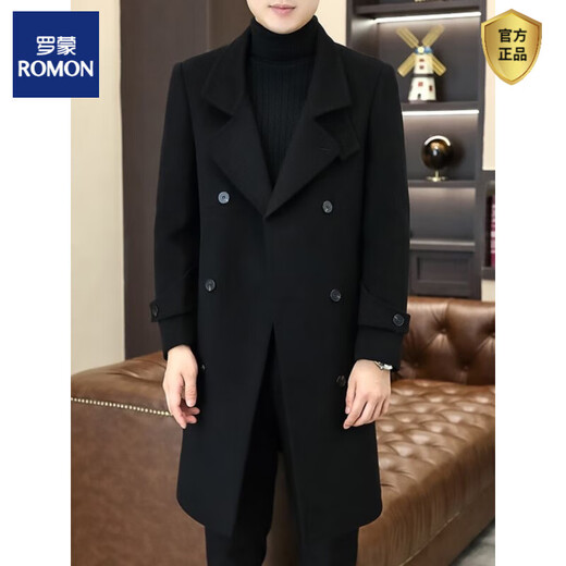 ROMON woolen coat men's autumn and winter Korean style slim-fitting mid-length woolen windbreaker style fashionable double-breasted coat Brown 4XL 180-200