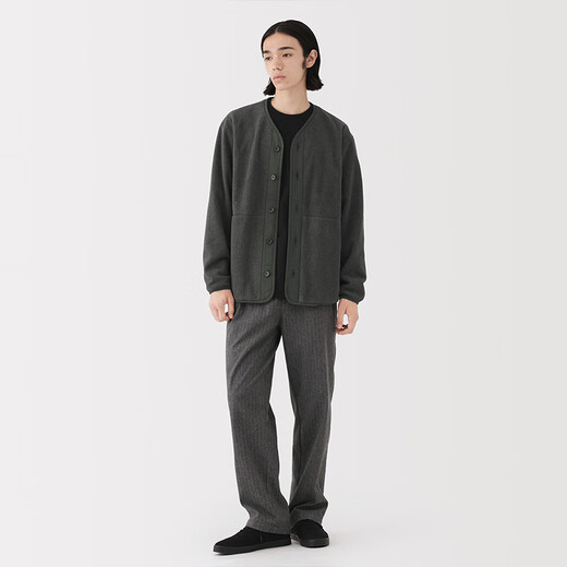 MUJI Men's Fleece Collarless Cardigan Men's Jacket Fall 25 Men's Top AB1P8A5A Charcoal Gray L (175/100A)