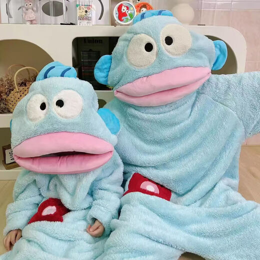 Ugly Fish Pajamas Thickened Hooded Large Size Funny One-piece Pajamas for Women and Men Autumn and Winter Thickened Warm Couple Home Clothes Ugly Fish One-piece with Shoes XL 170-182cm (High Quality)