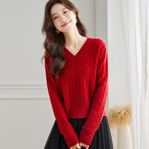 Shexi (Srcr) V-neck cardigan for women 100% wool sweater short style spring autumn new year red dress knitted base thick style