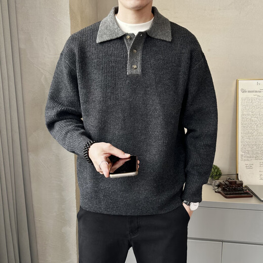 BULLDAMAN old money style sweater men's 2025 new Henry collar sweater autumn and winter trend D9018TP99 carbon gray XL