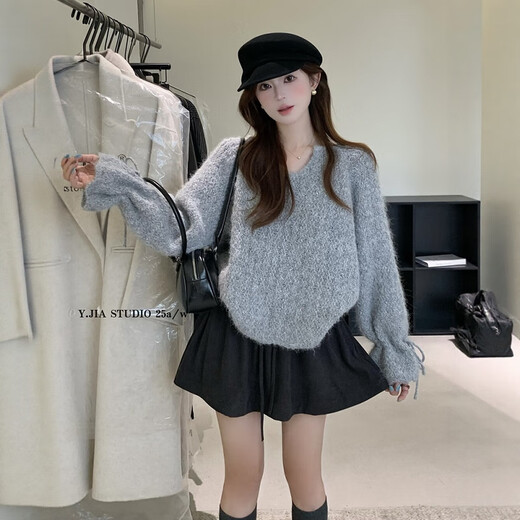 Su Yuwei old money style gray high-end twist U-neck sweater for women autumn and winter lazy style drawstring bell sleeve sweater top yellow Follow the store - free shipping insurance S (80-95Jin Jin is equal to 0.5 kg)