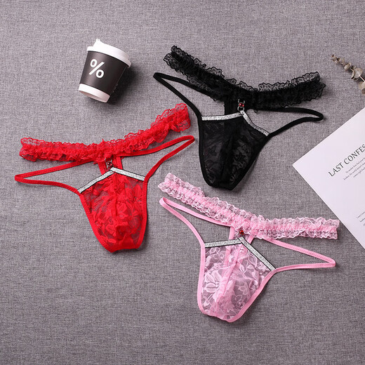 He Jiagong men's lace transparent thong transvestite gay sexy breathable low-waist elastic T underwear single butt underwear pink one size fits all _80-140Jin Jin equals 0.5 kg