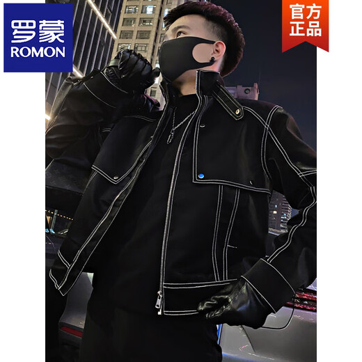ROMON Contrast Color Leather Men's Spring and Autumn Trendy Brand Handsome Jacket 2026 New Men's Trendy Casual Jacket Black XL Recommended 135-145 Jin Jin equals 0.5 kg