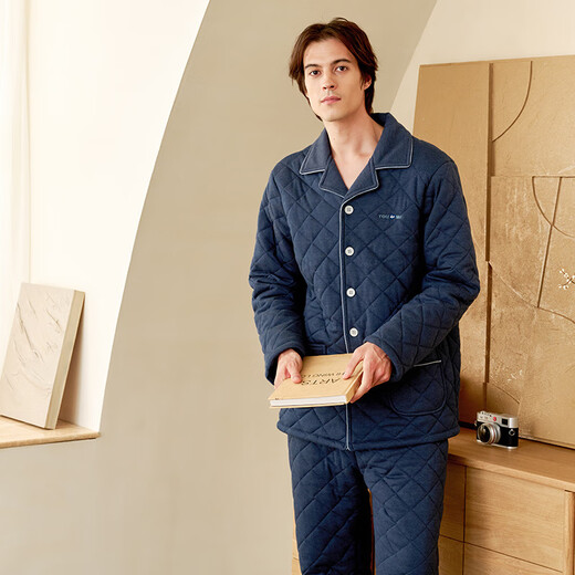 American Standard winter three-layer thickened and warm women's woven quilted couple's pajamas men's suit home clothes gray blue L