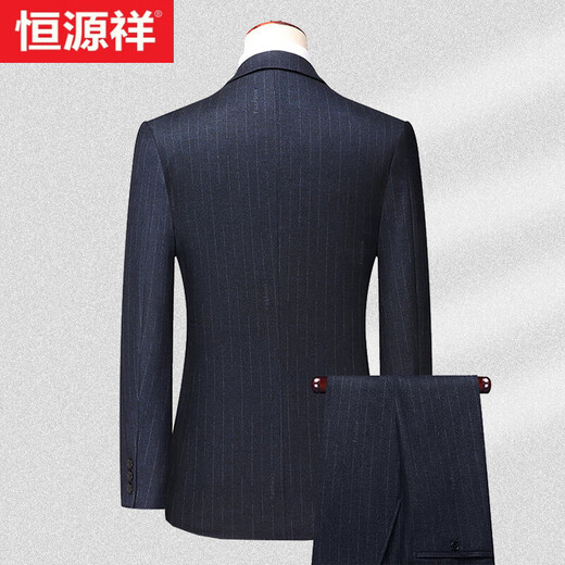 Hengyuanxiang suit men's suit two-piece professional business formal wool suit men's groom's companion wedding dress office workwear 8985 blue vertical strip thick style L 175 size - recommended weight 130-145 Jin Jin equals 0.5 kg