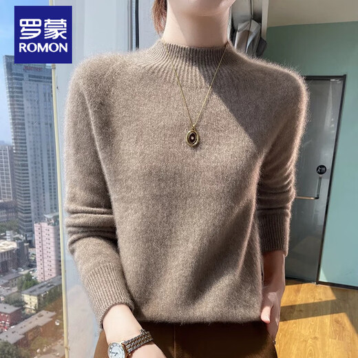 ROMON 100% pure cashmere sweater for women 2025 new style high-end half turtleneck sweater autumn and winter thickened pullover bottoming sweater green velvet rice L recommended 105-115Jin Jin equals 0.5 kg