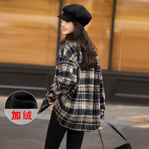 Awakening Paradise Winter Fashion Temperament Versatile Velvet Single-Breasted Thick Plaid Shirt Loose Slim Jacket Navy XL