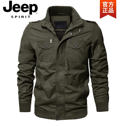 JEEP SPIRIT24 Herbst und Winter Herren-Arbeitsjacke, Flieger-Freizeitjacke, Outdoor, große Größe, gewaschener Stehkragen, Epaulet-Oberteil, hoch, 9930, Armeegrün, dünner Abschnitt, 115–135 Jin Jin entspricht 0,5 kg, empfohlene L
