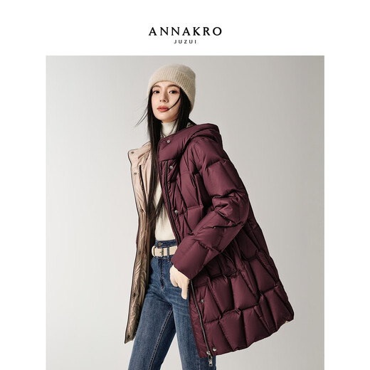 Jiuzi Annako casual age-reducing hooded mid-length laminated goose down down jacket for women 2025 winter new style burgundy M