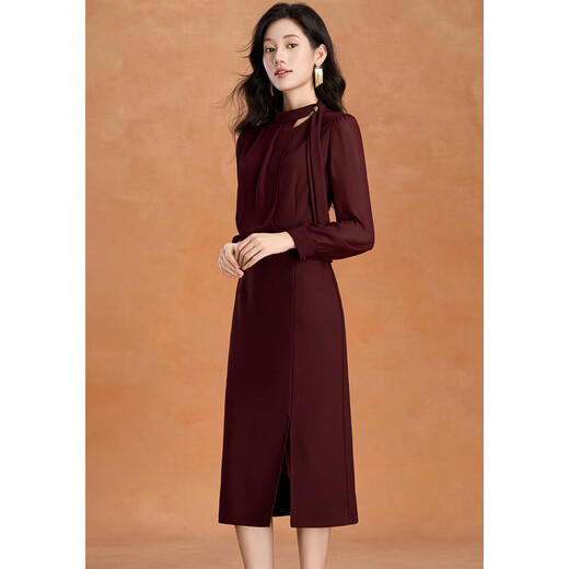 Kebel light luxury high-end dress women's 2025 new autumn and winter temperament waist slimming long-sleeved slit mid-length skirt XL