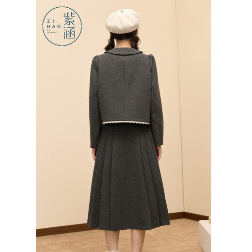 Zihan (ZIHAN) Zihan gray plaid wool lapel bow short coat a-line pleated skirt two-piece suit for women 2025 winter new gray plaid XS