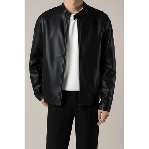Falling Spring and Autumn Korean Style Stand Collar Leather Jacket Men's Light Mature Style Short Trendy Motorcycle PU Leather Jacket Black 3XL