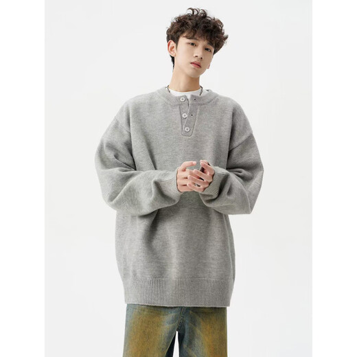 American Henry collar sweater for men in autumn and winter American retro casual lazy style solid color sweater for men light gray M