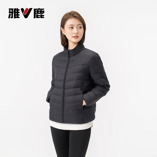 Yalu Down Jacket Women's Lightweight Autumn Down Stand Collar Simple Solid Color Slim Fit Warm Short Jacket Black 175