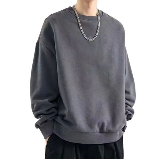 Round neck long-sleeved T-shirt for men 2025 autumn and winter trendy sweatshirt for men slim-fitting solid color inner layer warm plus velvet outer wear Iron Gray 2XL 125-140Jin Jin is equal to 0.5 kg