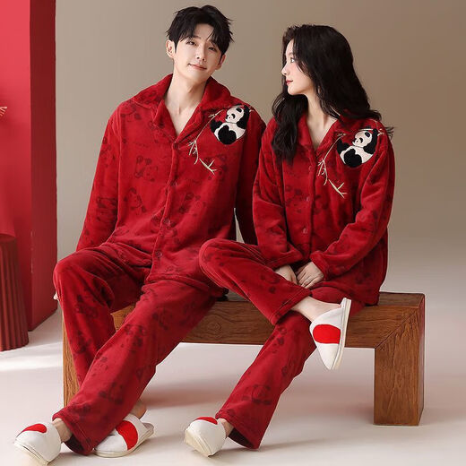 Victoria style coral pajamas for couples red newlywed flannel zodiac year home clothes for men autumn and winter wedding thickened suit A58772 female 58771 male M female