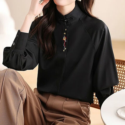 Chinesischer Stil, nationaler Stil, besticktes Oberteil, Frühling und Herbst, neue Mode, Hemd im westlichen Stil, große Größe, Stehkragen, Plattenknopf, Hanfu-Langarmhemd, Langarmhemd ZS-567*, weiß, L (105–120 Jin entspricht 0,5 kg)