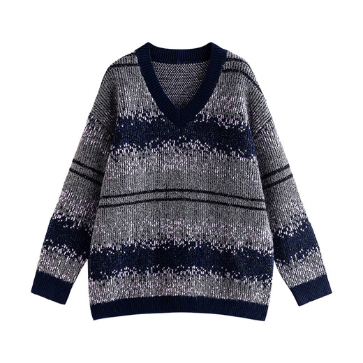 Chuyu Imitation Cow Velvet Sweater Women's 2025 Winter New Fair Isle Jacquard Loose Mid-Length Top Navy Gray M