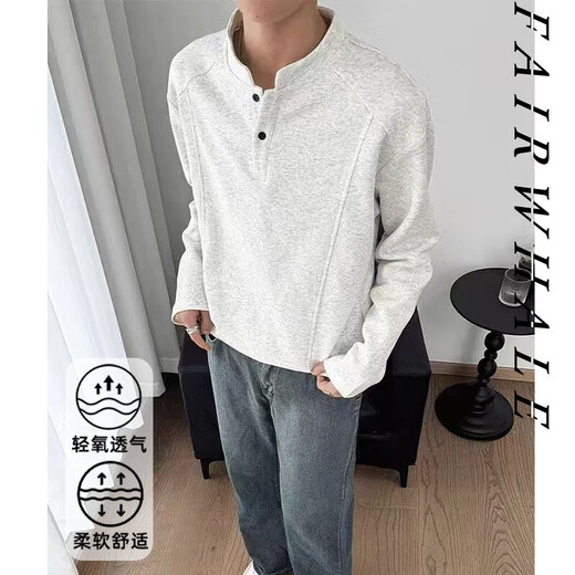Autumn popular popular Henry collar sweatshirt for men and women heavyweight long-sleeved T-shirt bottoming shirt trendy high-end polo shirt for men white 2XL recommended 145-160Jin Jin equals 0.5 kg