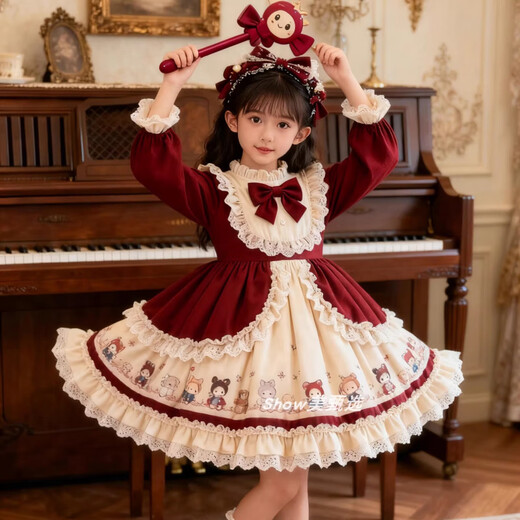 Kafanli (KafanIi) Girls Lolita Princess Dress 25 New Children's Birthday Dress Western Style Baby Girl Dress Autumn and Winter Burgundy 265 Velvet No Accessories 150 cm