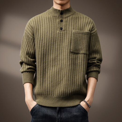 Noble color high-end 700g heavyweight thickened Henry collar sweater men's autumn new Japanese retro loose military green S suitable for 90-110Jin Jin equals 0.5 kg
