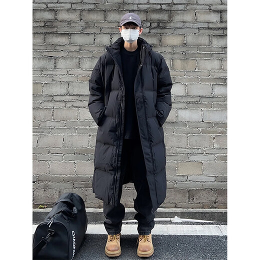 Maycaur black American hooded mid-length velvet cotton coat for men in winter thickened over the knee Northeast cold-resistant handsome coat black L _100-115Jin Jin equals 0.5 kg