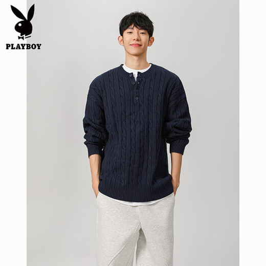 Playboy (PLAYBOY) 2025 New Navy American Henley Collar Sweater Men's Winter Thickened Men's Knitted Sweater Twist Inner Top Navy Blue 2.0 XL