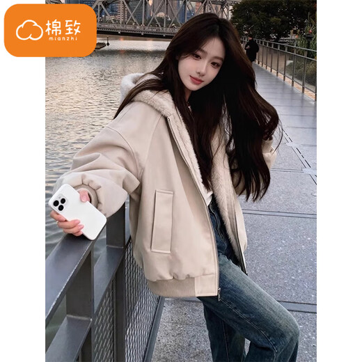 Cotton mountain sculpture hooded cotton jacket for women in winter new style plus velvet thickened warm jacket cotton coat down jacket down jacket M6047 apricot color high quality L 100-120Jin Jin is equal to 0.5 kg