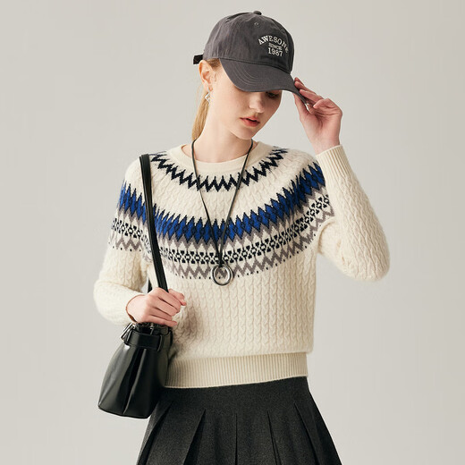Zhaojun 2025 Autumn and Winter New Fair Isle Jacquard Cashmere Sweater Women's Round Neck Long Sleeve Knit Sweater Thickened Bottoming Sweater Cloud White XL