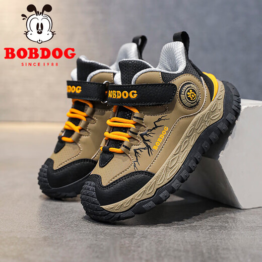 Babu Dou children's cotton shoes winter velvet warm boys' sports shoes leather waterproof primary school students outdoor hiking shoes black brown single shoes 36 (inner length 23.0cm)