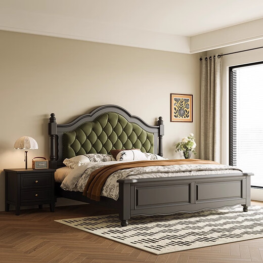 South classical furniture American light luxury retro black 2-meter solid wood bed French mid-century style green soft bag storage master bedroom princess bed single bed 1.5*2 meters