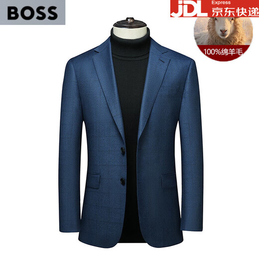 BOSS men's business suit top spring and autumn high-end sheep wool men's suit jacket plaid single suit blue 2XL 185/52B