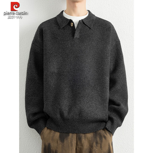 Pierre Cardin lazy style lapel thickened loose casual sweater men's winter old money style Henry collar sweater jacket knitted cloud yarn gray M Height 160-165cm Weight-120Jin Jin equals 0.5 kg