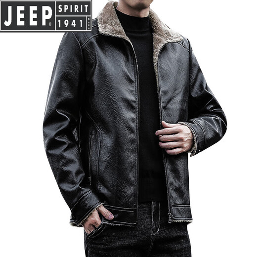JEEP SPIRIT Jeep Leather Jacket Men's Autumn and Winter Leather Jacket Motorcycle Leather Retro Harley Motorcycle Riding Suit Pilot Black 2XL
