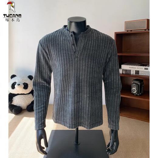 Woodpecker (TUCANO) small fragrant herringbone pattern Henry collar long-sleeved T-shirt men's autumn American chenille heavyweight sweatshirt inner layering shirt black 2XL 150-165Jin Jin equals 0.5 kg