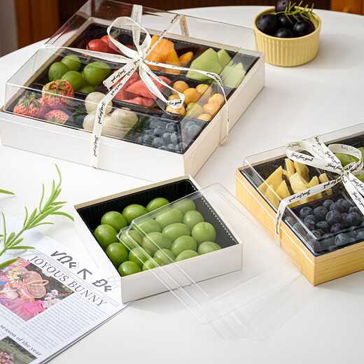 Zhiduosao four-piece fruit box fresh fruit cut packaging box four-grid fruit platter disposable paper-plastic packaging box with lid white-medium-four-grid free folding box (set of 5)